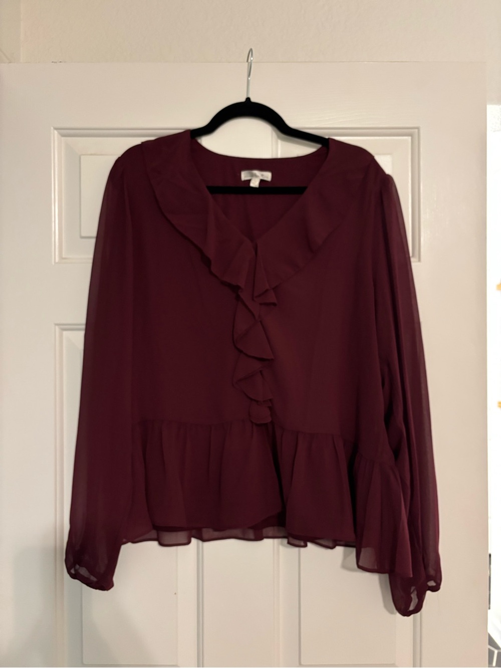 nine britton Burgundy Ruffle Front Peplum Blouse